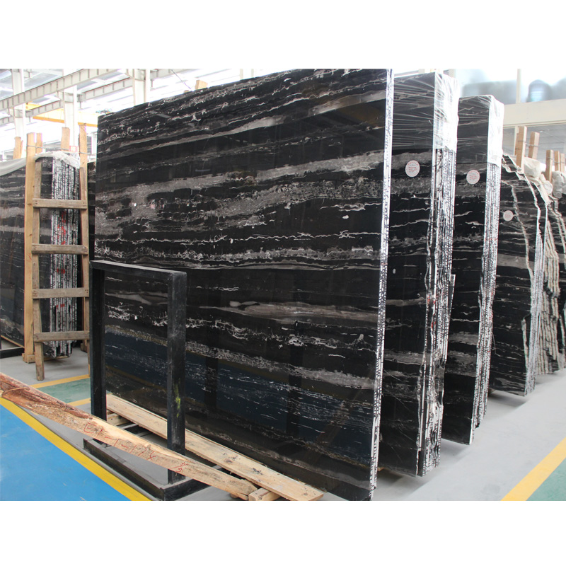Silver dragon black marble slab with white veins